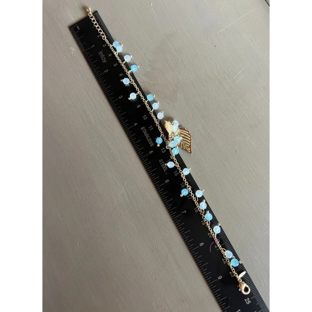 Avon Leaf Charm Anklet Blue Bead‎ Dangle Gold Tone 9.5